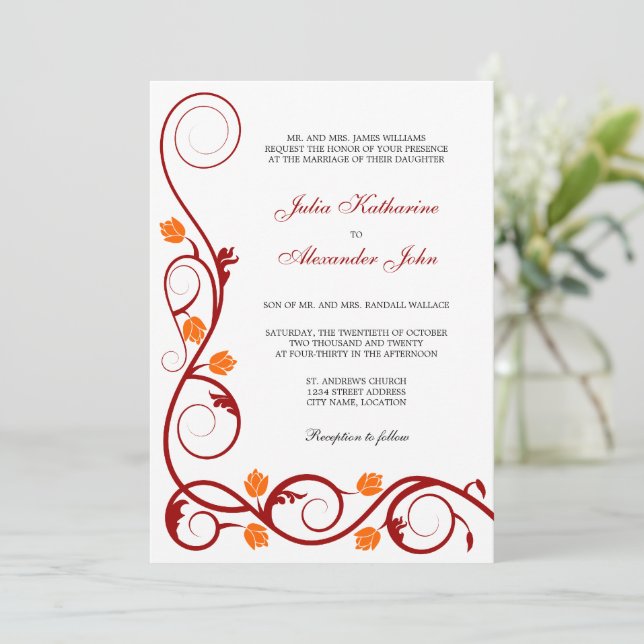 Elegante Rot- und Orangefarbene Wirbel Hochzeiten Einladung (Stehend Vorderseite)