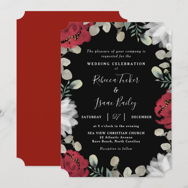 Elegante Rot-Weiß-Blumengrün Schwarze Hochzeit Einladung (Vorne/Hinten)