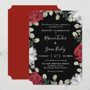 Elegante Rot-Weiß-Blumengrün Schwarze Hochzeit Einladung