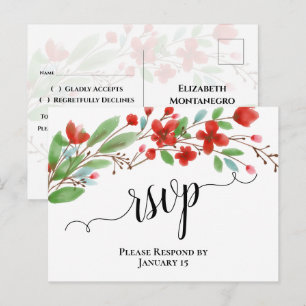 Elegante rote Aquarellblüten Hochzeit-RSVP Postkarte