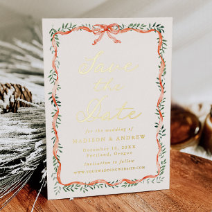 Elegante rote Bandbegrünung Creme Save-the-Date-Ka Folieneinladung