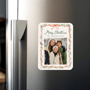 Elegante rote Bandbegrünung Creme-Weihnachtsfoto Magnet