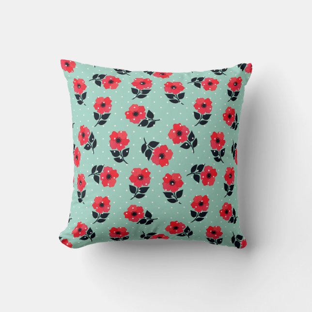 Elegante Rote Blume Aqua Blue Polka Dots Muster Kissen (Vorderseite)