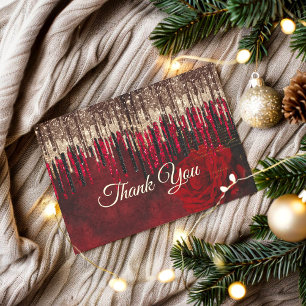 Elegante rote Blume goldene Tropfen Glitter Monogr Dankeskarte