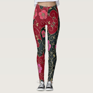 Elegante rote Blume mit goldenen Blätter und Wirbe Leggings