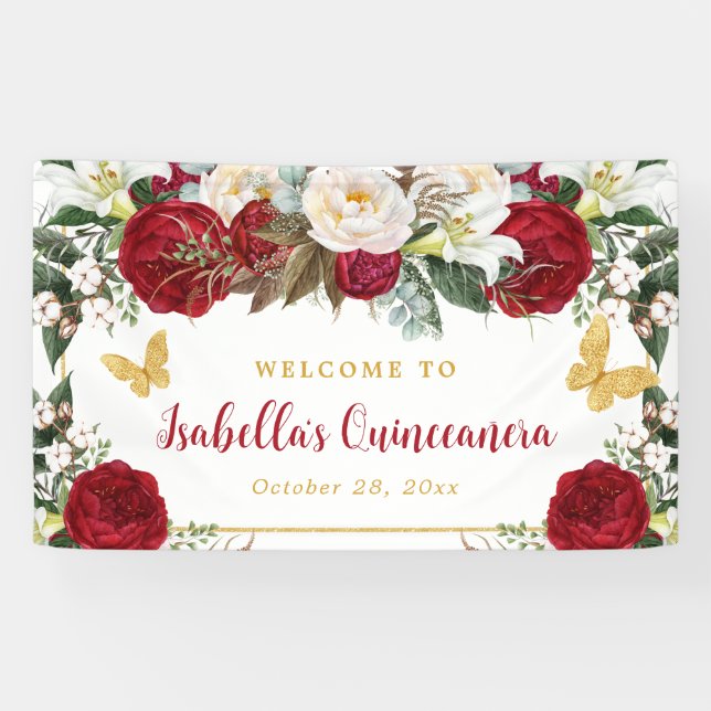Elegante Rote Blume Schmetterlinge Quinceañera Banner (Horizontal)
