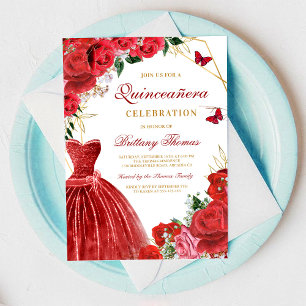 Elegante rote Blumen-Quinceañera-Einladung Einladung
