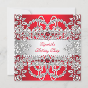 Elegante rote Diamanten silberne Blumen Geburtstag Einladung