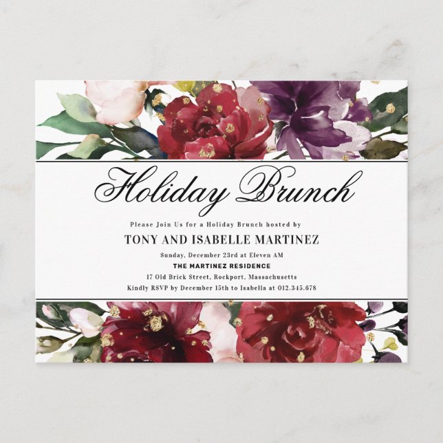 Elegante Rote Flora Einladung zum Brunch Postkarte (Vorderseite)