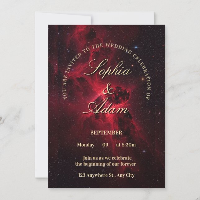 Elegante rote Galaxie-Hochzeitseinladung Save The Date (Vorderseite)