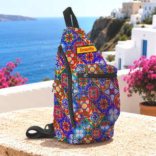 Elegante rote gelbe mexikanische Talavera-Monogram Crossbody Bag