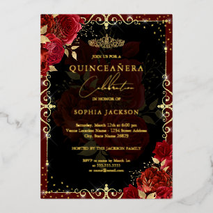 Elegante rote Gold-Rosen-Quinceanera Folieneinladung