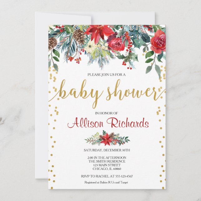 Elegante rote goldene Blumendusche Weihnachtsbaby Einladung (Vorderseite)