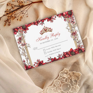 Elegante rote goldene Tiara Blumen Quinceañera RSVP Karte