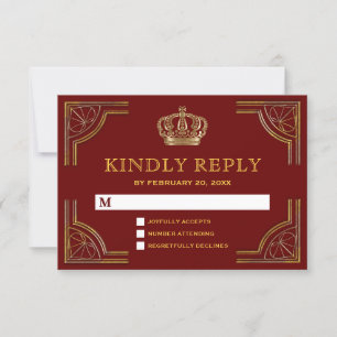 Elegante rote goldene verzierte Krone Hochzeit RSV RSVP Karte