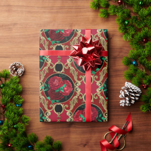 Elegante Rote Grüne Rose Urlaub Geschenkpapier