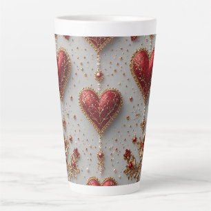 Elegante rote Herzen mit goldenen floralen Details Milchtasse