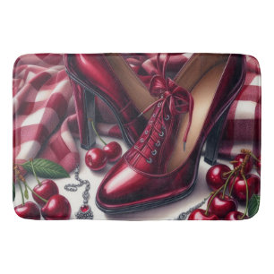 Elegante rote High Heels mit Cherry Badematte