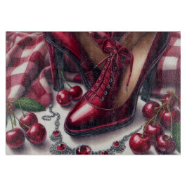 Elegante rote High Heels mit Cherry Schneidebrett