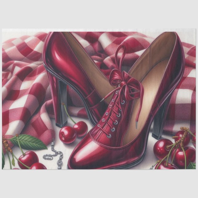 Elegante rote High Heels mit Cherry Seidenpapier (Vorderseite)