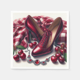 Elegante rote High Heels mit Cherry Serviette