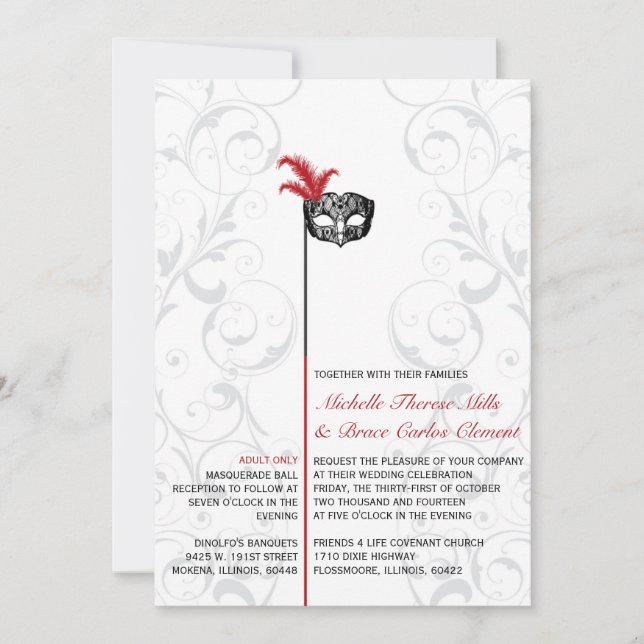 Elegante Rote Masquerade Einladungen für Hochzeite (Vorderseite)