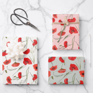 Elegante Rote Mohnblume & Grüne Blumen Wasserfarbe Geschenkpapier Set