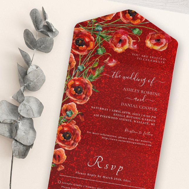 Elegante Rote Mohnblume Romantische Rose Hochzeit All In One Einladung (Von Creator hochgeladen)