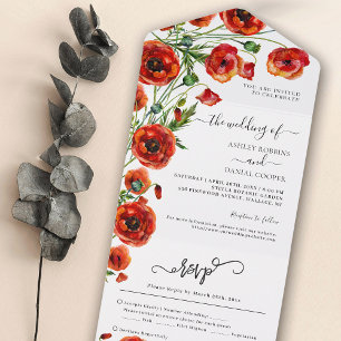 Elegante Rote Mohnblumen Florale Hochzeit Alles in All In One Einladung