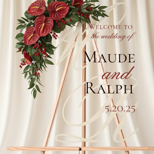 Elegante Rote Monogramm-Eintrittsheirat Acrylschild (Welcome guests in timeless style with this Old Money Bold Red Clear Acrylic Wedding Welcome Sign!)