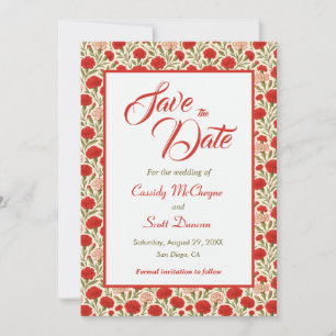 Elegante rote Nelken-Blumen-Hochzeit - Termin vorm Save The Date