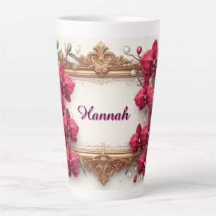 Elegante rote Orchideen-Blumenrahmen mit verzierte Milchtasse