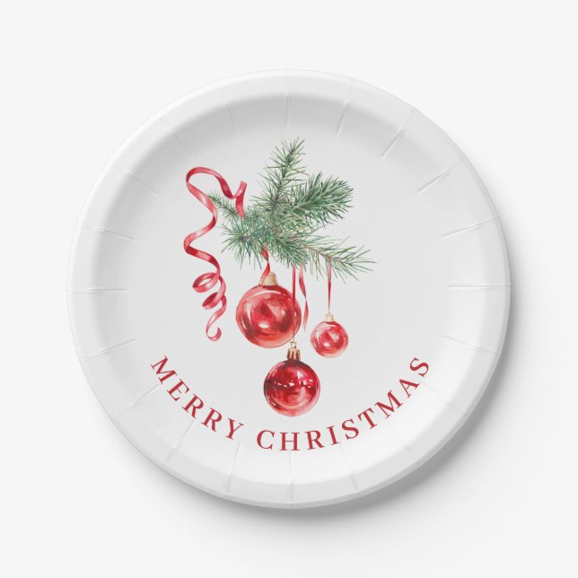 Elegante Rote Ornament Weihnachtsfeier Pappteller (Vorderseite)