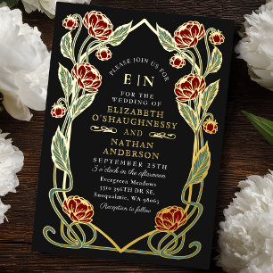 Elegante rote Pfingstrose Art Nouveau Floral Hochz Folieneinladung