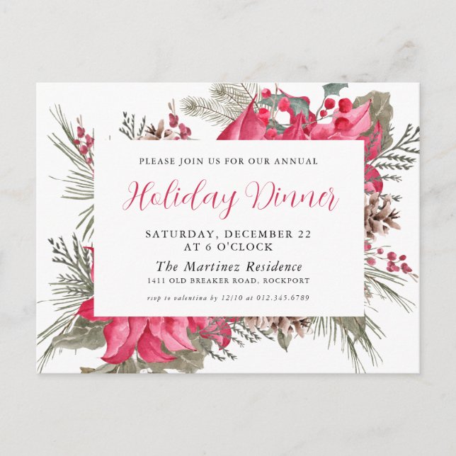 Elegante Rote Poinsettia Abendessen Einladung Postkarte (Vorderseite)