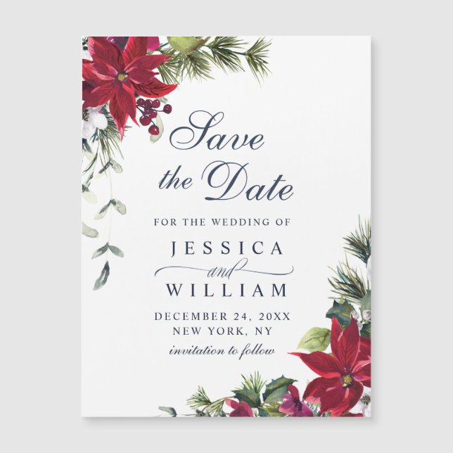 Elegante rote Poinsettia Save the Date Magnetkarte (Vorderseite)