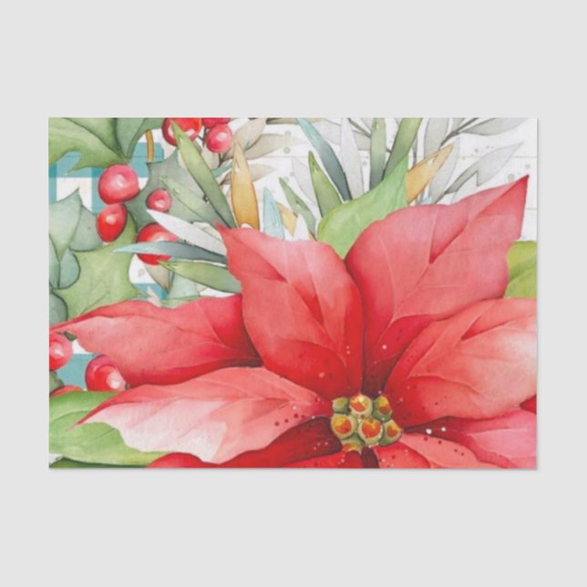 Elegante Rote Poinsettia und Berries Seidenpapier (Vorderseite)