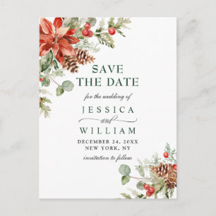 Elegante rote Poinsettie Kiefern Hochzeit Merken S Ankündigungspostkarte