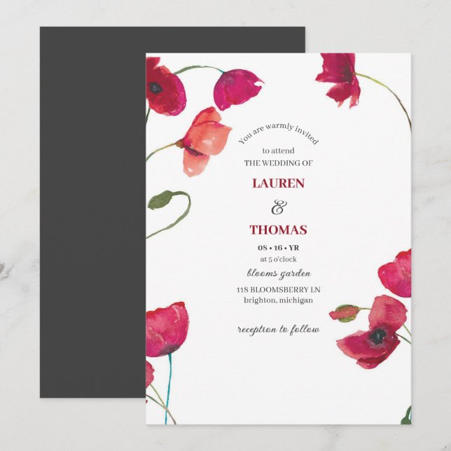 Elegante Rote Poppies Blumenhochzeit Einladung (Vorne/Hinten)