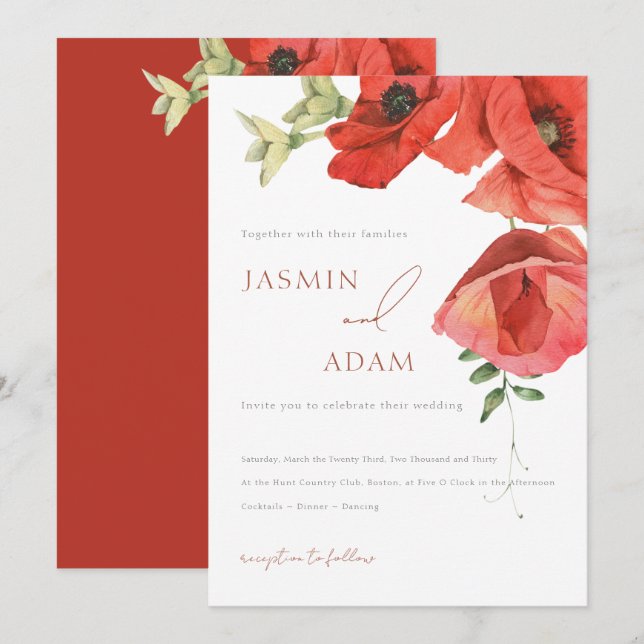 Elegante Rote Poppies Einladung zur Hochzeit (Vorne/Hinten)