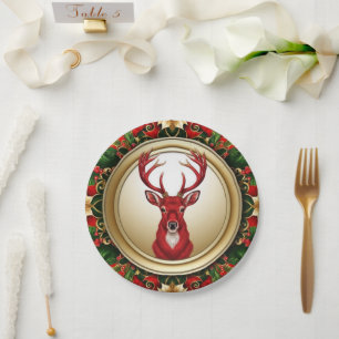Elegante Rote Rentiere Moose Goldener Schnee frohe Pappteller