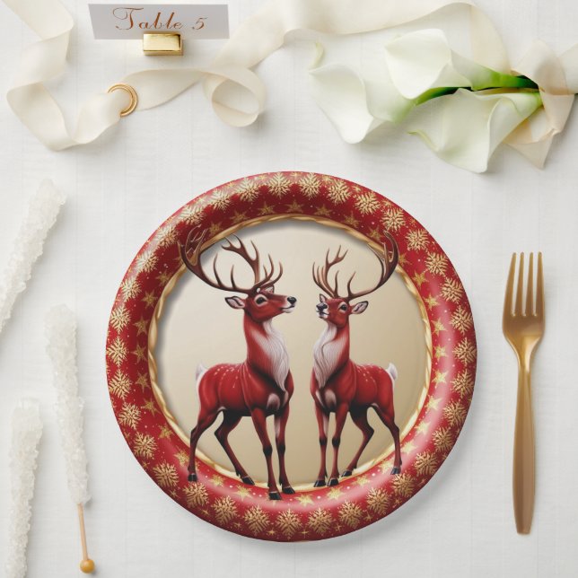 Elegante Rote Rentiere Moose Goldener Schnee frohe Pappteller (Hochzeit)