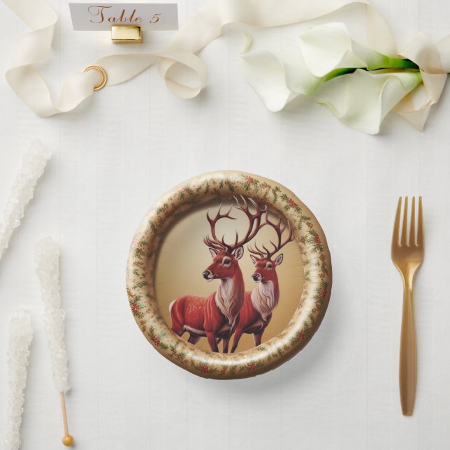Elegante Rote Rentiere Moose Goldener Schnee frohe Pappteller (Hochzeit)