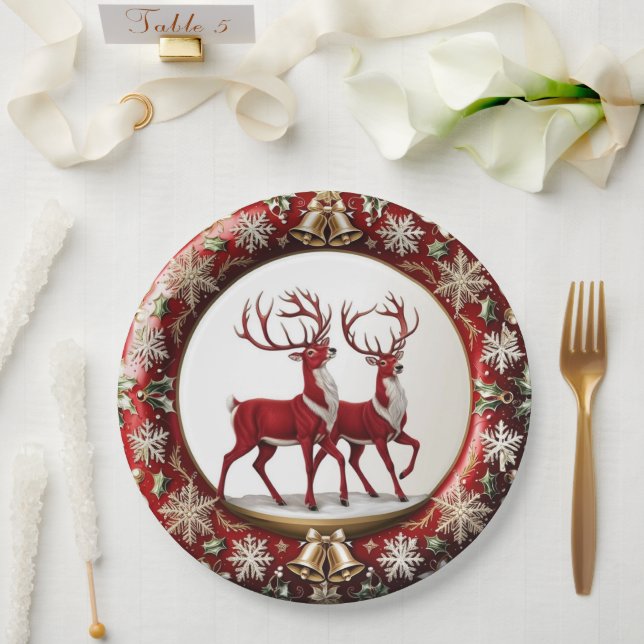 Elegante Rote Rentiere Moose Goldener Schnee frohe Pappteller (Hochzeit)