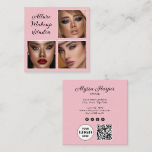 Elegante Röte Rosa Schwarz Schrift 3 Foto Make-up Quadratische Visitenkarte