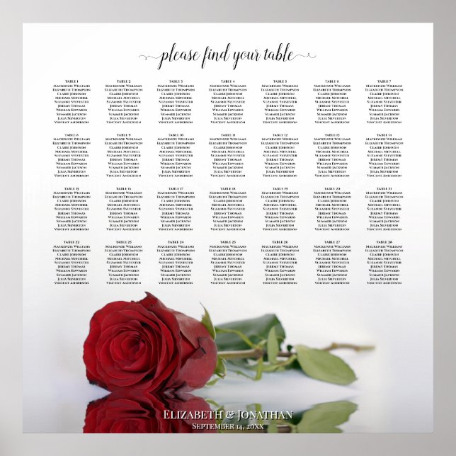 Elegante Rote Rose 28 Tafelübersicht Poster (Vorne)
