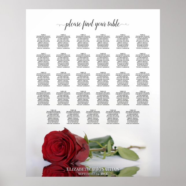 Elegante Rote Rose 29 Tafelübersicht Poster (Vorne)