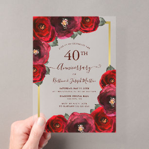 Elegante Rote Rose Bläsergolden 40-jähriges Jubilä Acryleinladungen