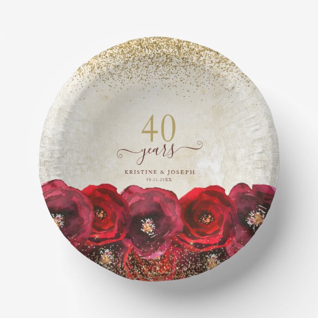 Elegante Rote Rose Bläsergolden 40-jähriges Jubilä Pappteller (Vorderseite)