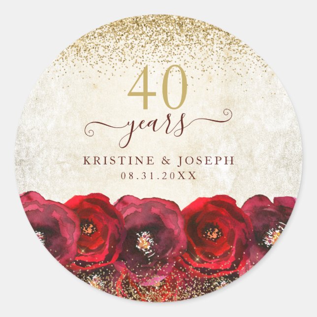 Elegante Rote Rose Bläsergolden 40-jähriges Jubilä Runder Aufkleber (Vorderseite)